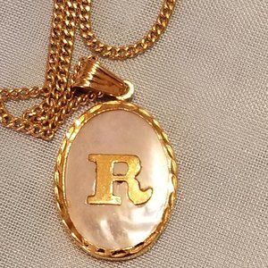 Vintage Italian Letter "R" Pendant, Gold with Mother-of-Pearl, with Chain
